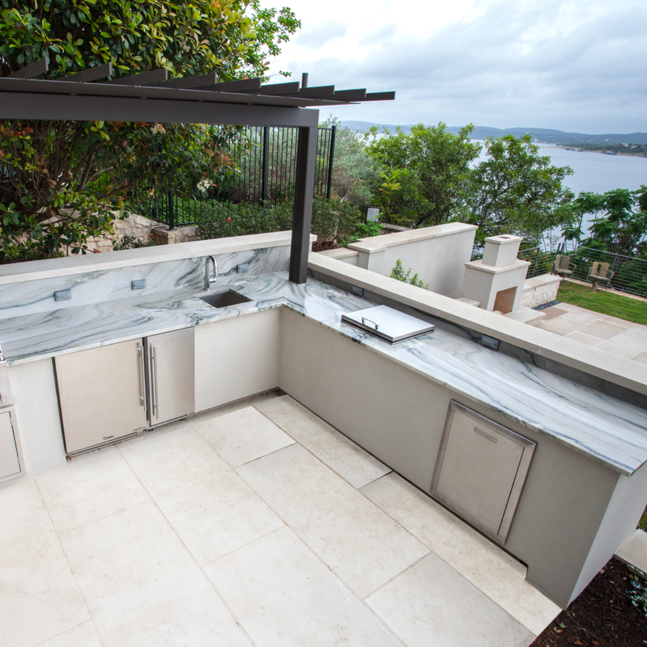 blue and white Quartzite countertops installation in Austin, Texas for an outdoor kitchen.